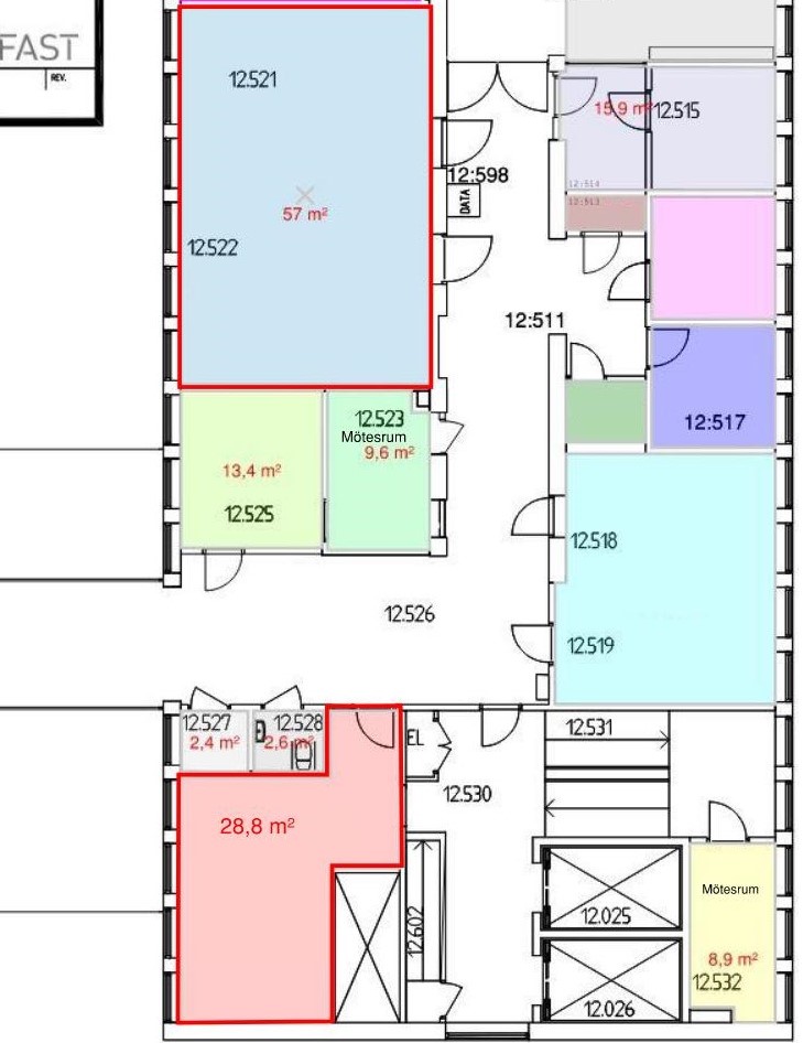 Planritning ledig kontorslokal på 5:e våningen. 57 och 29 m².