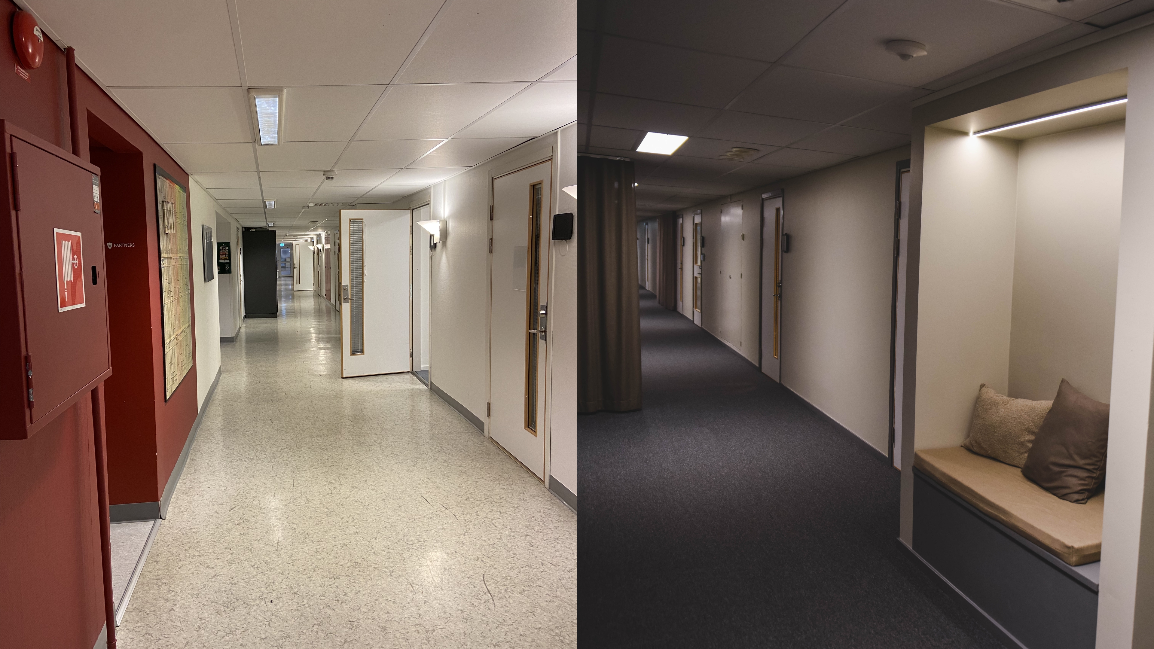 Före-och efterbild på den nyrenoverade korridoren på plan 5.