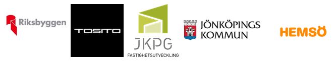 Logotyperna för de företag som är involverade i garagerenoveringen: Riksbyggen, Tosito, JKPG Fast, Jönköpings Kommun, Hemsö.