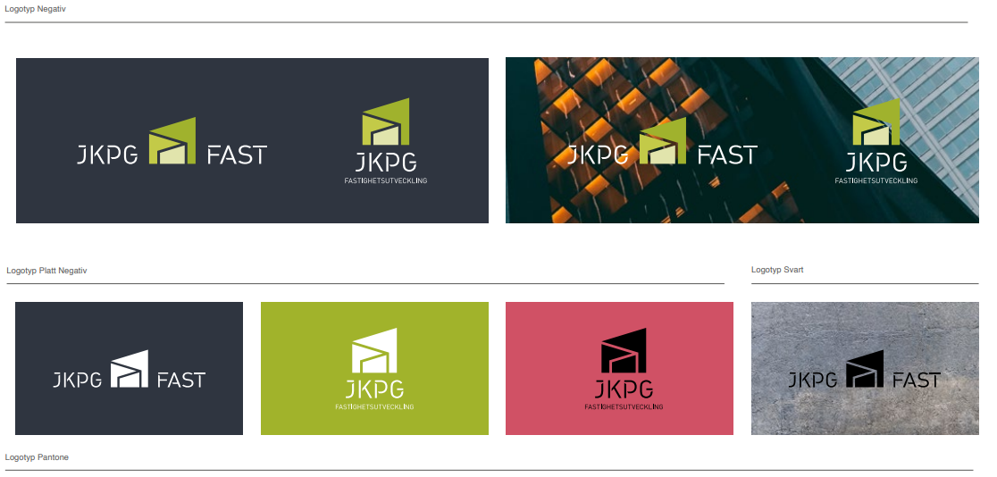 Skärmklipp från JKPG Fasts grafiska manual. Exempel på hur logotypen kan användas mot olika bakgrund.